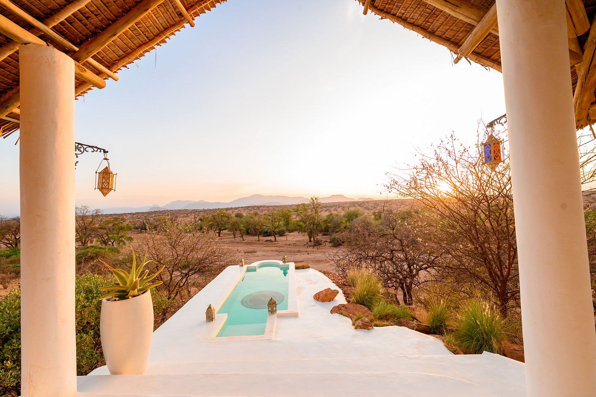Sasaab lodge above the Ewaso Nyiro River, Samburu, Kenya